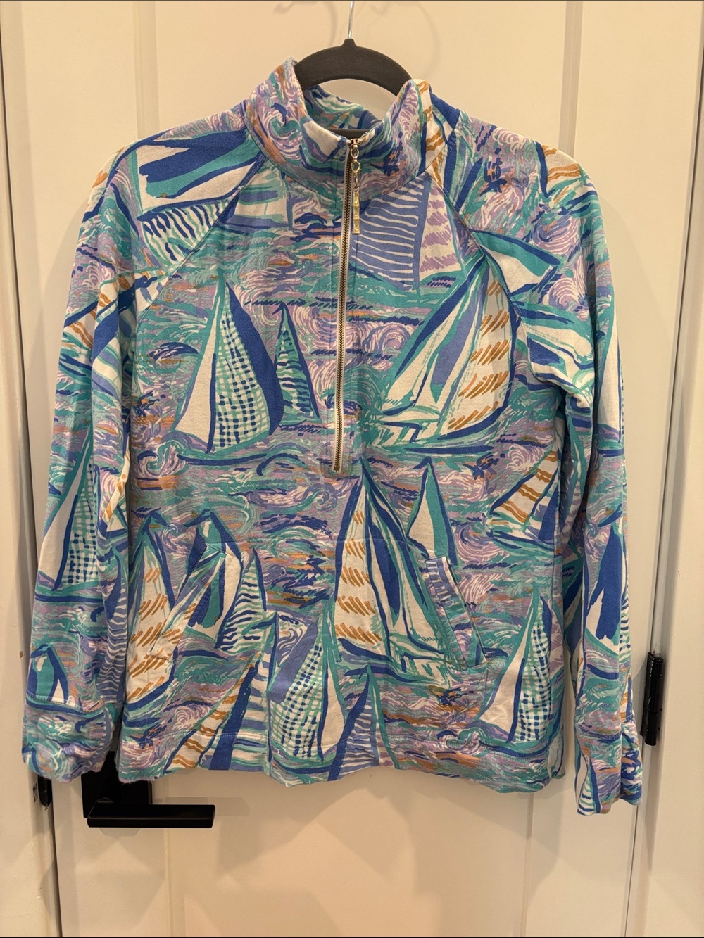 Lilly Pulitzer Blue Teal Purple Sailboat Print Quarter-Zip Sweater